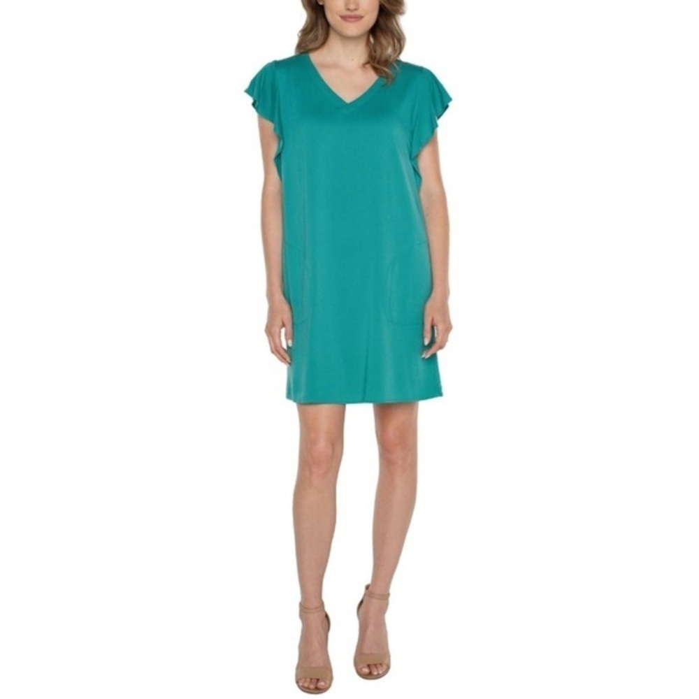 Liverpool Flutter Sleeve Dress Mermaid Teal Size Large V Neck Shift Pocket Dress